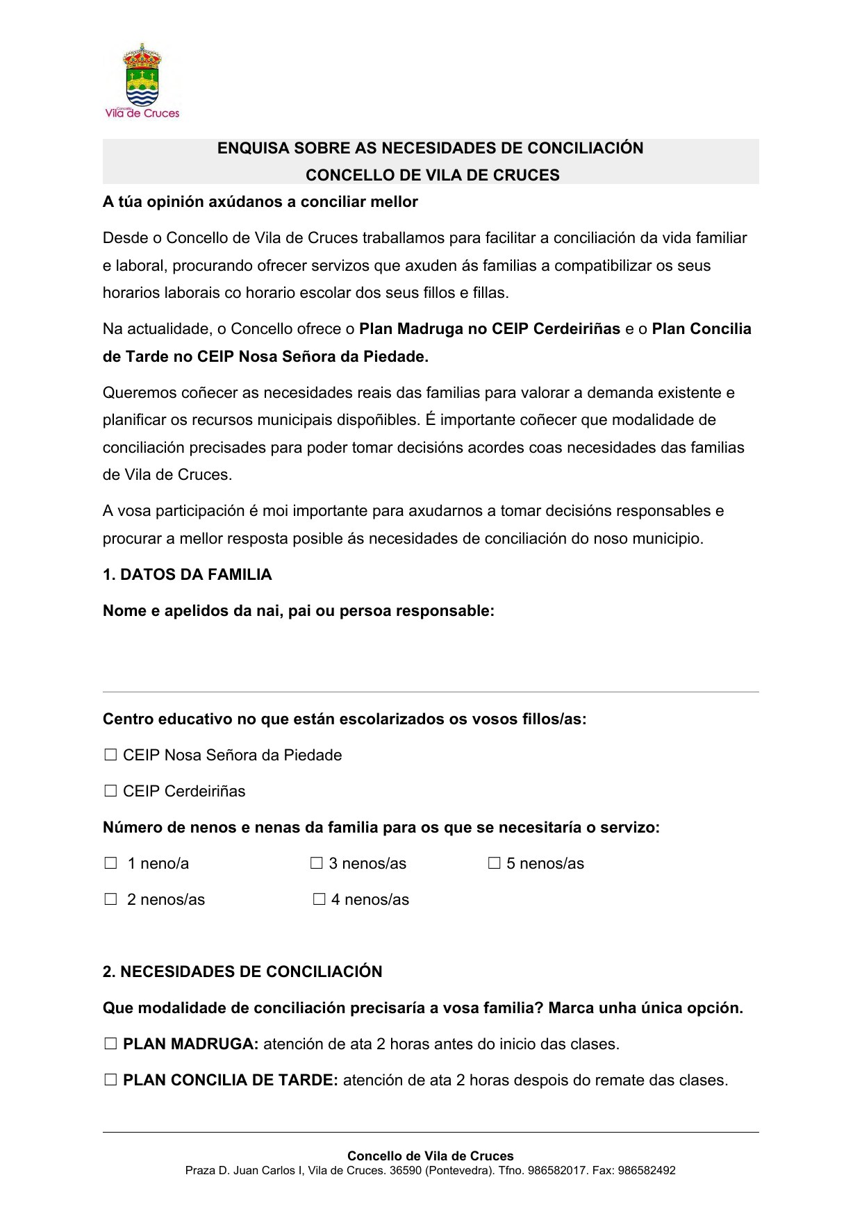 Enquisa sobre as necesidades de conciliación 2027/2028 do Concello de Vila de Cruces