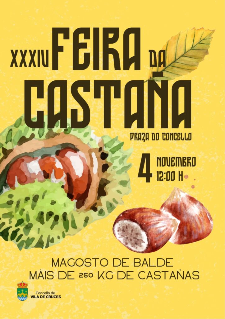 Cartel da XXXIV Feira da Castaña: 4 de novembro ás 12:00 h na Praza do Concello, magosto de balde e máis de 250 kg de castañas